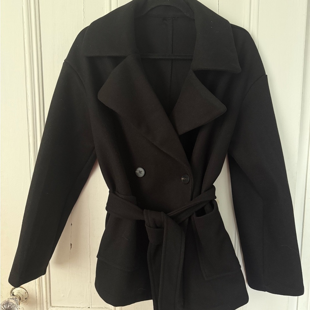Classic Black Women's Belted Peacoat Jacket